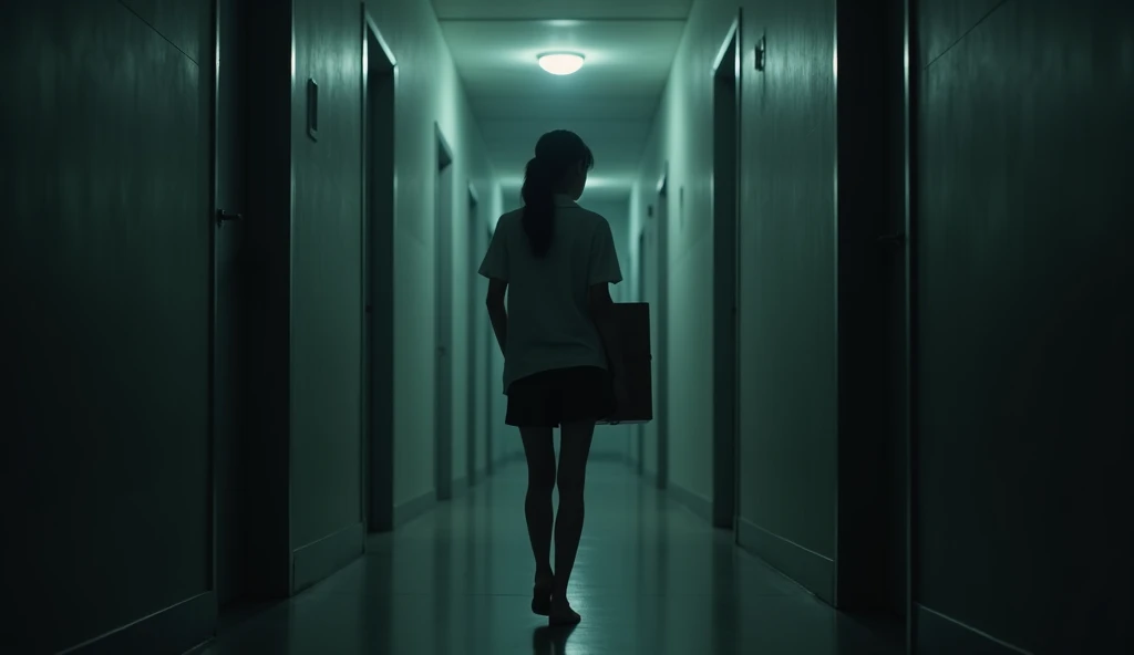  Setting: Mae Fah Luang University, a dimly lit dormitory hallway, with only a few flickering lights overhead. a Thai young woman in her late teens wearing simple Thai university uniform, as she carries a box into her new dorm room