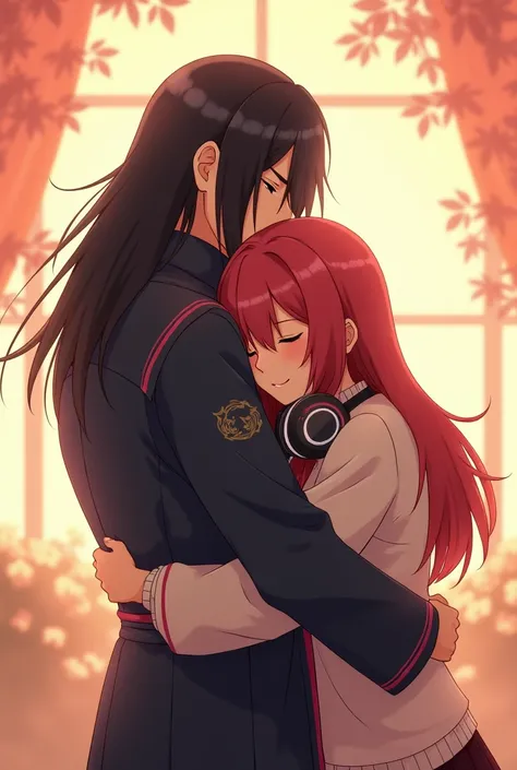 Itachi Uchiha with Miku Nakano from the redhead quintuplets with long hair and headphones around her neck hugging in anime style 
