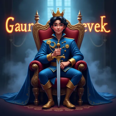 Create a disney prince animated avtar full body image where a boy wearing blue luxury prince dress and sitting on king size chair with crown 👑, hes holding a sword in his hand, there is smoke in background a shadow. Make his name visible and clear In backg...