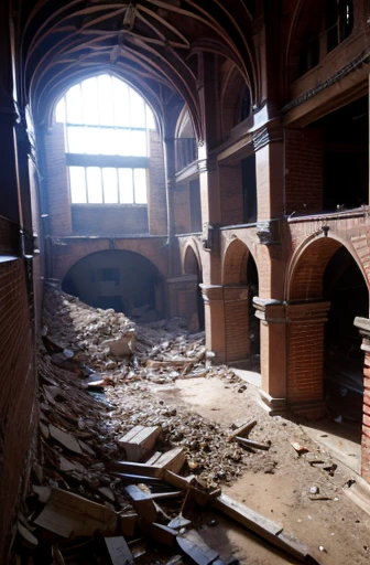 Inside a large, mysteriously collapsed brick building,Extremely high ceilings, Part of the wall collapsed、There&#39;s a big hole in the ceiling,Black clouds can be seen through the hole in the ceiling、Rain is pouring down,Moss and ivy grow on the walls and...