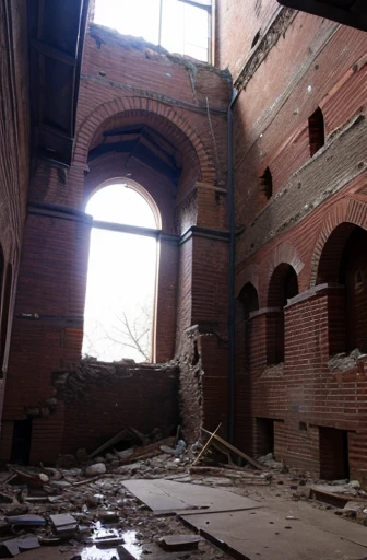 Inside a large, mysteriously collapsed brick building,Extremely high ceilings, Part of the wall collapsed、There&#39;s a big hole in the ceiling,Black clouds can be seen through the hole in the ceiling、Rain is pouring down,Moss and ivy grow on the walls and...