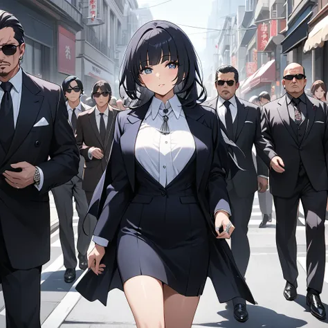 ((Highest quality)), ((masterpiece)), (detailed), （Perfect Face）、The woman is Reika Aoki, the wife of a mafia boss, with medium-long black hair and an engagement ring.、The woman is walking side by side with the mafia boss and is walking through the city wi...