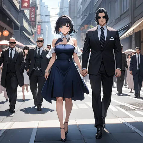 ((Highest quality)), ((masterpiece)), (detailed), （Perfect Face）、The woman is Reika Aoki, the wife of a mafia boss, with medium-long black hair and an engagement ring.、The woman is walking side by side with the mafia boss and is walking through the city wi...