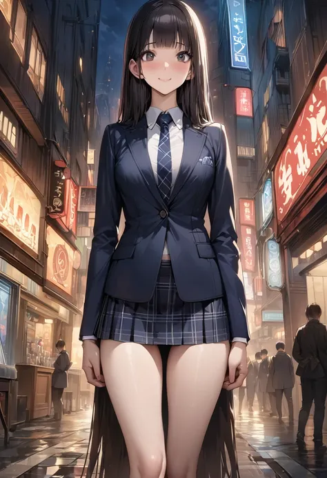 Fantasy art、((masterpiece,best quality anime,Highest quality:1.3)),realistic,portrait,cowboy shot,1woman,(Mature Beauty),((very small head:1.4)),((very long body:1.3)),long hair,black hair,bangs,(gorgeous big eyes),black eyes,smile,(School uniform、Dark blu...