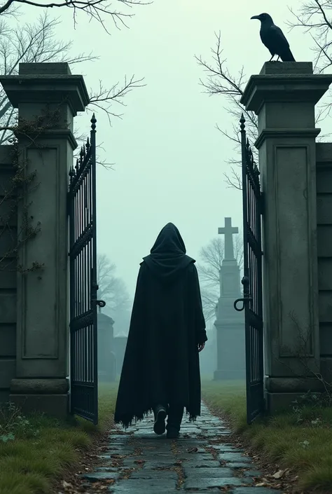 Someone entering the gates of a cemetery 
