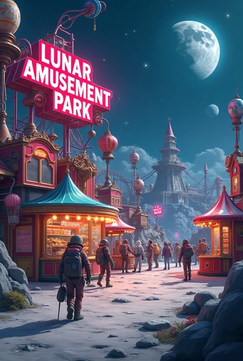 An image showing an amusement park on the moon with the words LUNAR AMUSEMENT PARK written in large letters