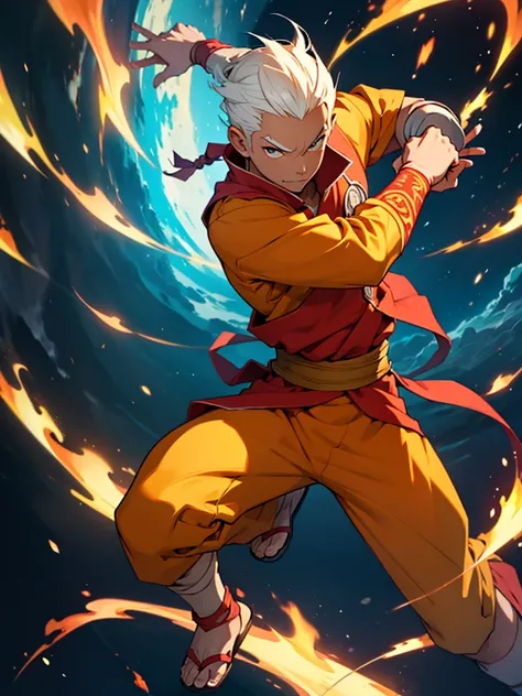 A young firebending character from the animation The Legend of Aang, skin fair, whole body, doesn&#39;t have an arm, burns on the arm, has a sword