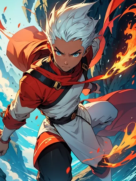 A young firebending character from the animation The Legend of Aang, skin fair, whole body, doesn&#39;t have an arm, burns on the arm, has a sword