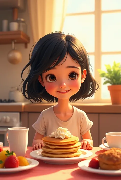 Generates a Disney Pixar-type image of a white girl with black hair having breakfast




