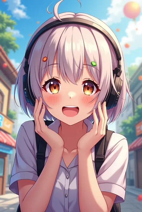 Short hair, energetic, cheerful, headphones, light hair color, Japanese anime, young, cheeky, female