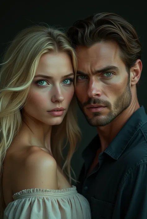 Blond woman with blue eyes, brown hair Man with green eyes, dark hintergrund 