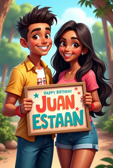 A young man with light brown skin and dark reddish brown eyes , a little muscular and short hair happy called Juan Esteban Gutiérrez Ortiz because in front of him is his friend Danna with dark skin, dark brown eyes and very long hair down to her tail (wome...