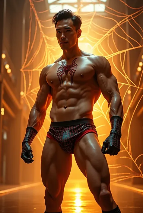 In the captivating picture is a handsome Chinese man 3 with his light, white skin like a hero, the background in a large and bold warehouse, his charm radiates as he proudly shows off his sixpack and muscular arms in a full standing pose. He is wearing sex...