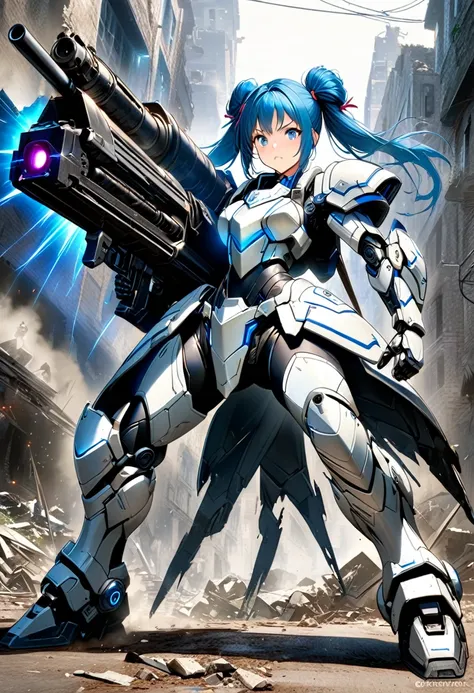 3DCG concept art.Girl in robot armor fighting in ruins on the ground,The girl  で青い髪をしている.Twin tail hairstyle Very beautiful face,The girl、Yellowish in places、He wears heavy robotic armor in a sturdy blue and white color scheme..The full body armor is equip...