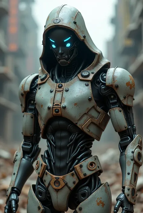 A post-apocalyptic robot with a futuristic hood and LED 