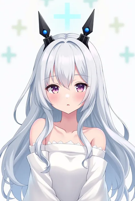 A Japanese anime style girl with long white hair，M-shaped bangs，There are two black head ornaments on the top of her head that resemble upward arrows.，There is only one blue round bead dotted in the middle of each arrow.，Has blue eyes，Wearing a short white...