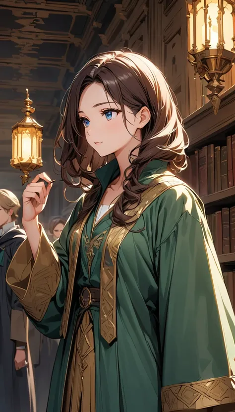 Apprentice:
"Depict the beautiful young apprentice in a moment of quiet contemplation, standing alone in the ancient library. Her long chestnut brown hair cascades softly over her deep blue robe, and her hazel eyes are filled with a mixture of hope and unc...