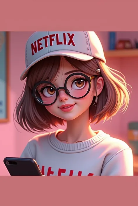 improve the pron of an image, make a girl with short hair that has glasses and light brown eyes, she is wearing a cap that says "NETFLIX" a white sweater and has "NETFLIX" written on it, she has very beautiful and tender features, the image shows half of t...