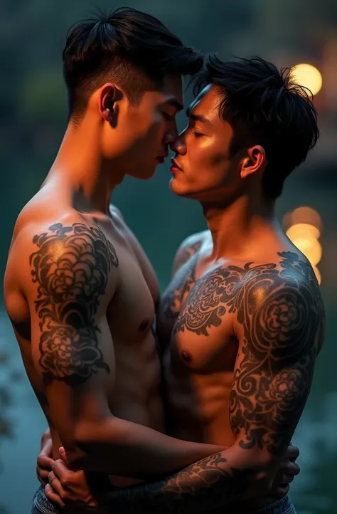 ((best quality)), ((masterpiece)), (detailed), 8K, HD, Very manly, A handsome and strong Korean man, (((Exposure))), Kissing an extremely handsome Chinese man with oriental tattoos, love, love, Very romantic atmosphere, night, Ambient Lighting, Dramatic sh...