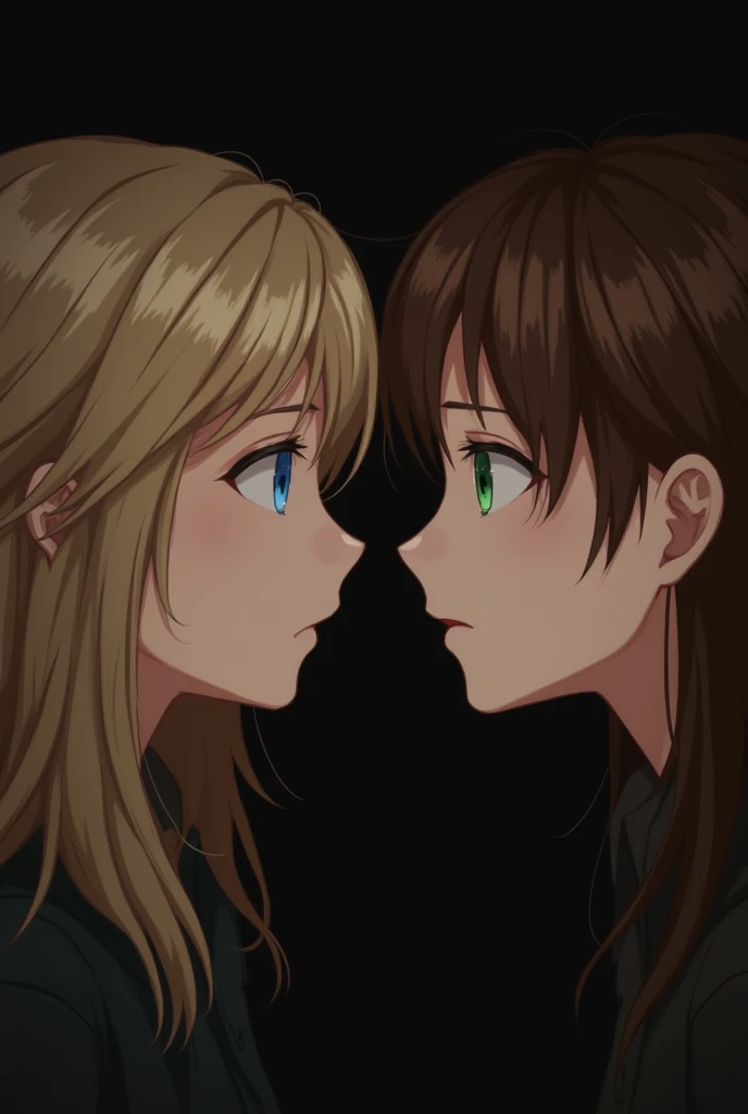 Blonde 1 with blue eyes, brown-haired 2 with green eyes, dark background, Eye contact