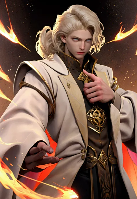 A 1 boy, arcane sorcerer doctor of concept magic. In attack position. His body is pale white, light grey eyes, short wavy blonde hair, muscular and tall and robust and toned. With beige energy around, and beige energy emanating from his hands.