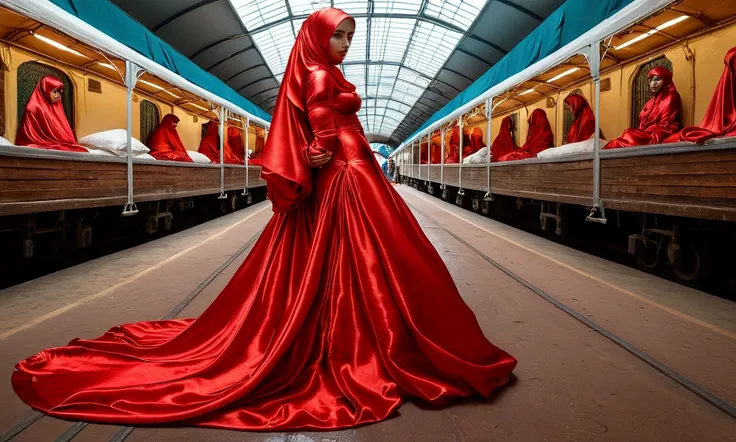 A woman shrouded in a 9-meter-long, plush red satin cloth, tightly bound and grandly draping along the form of her body, flowing off into a pooled floor-length train, styled in a mermaid-inspired outfit with ballon sleeve, her head modestly veiled in a sat...