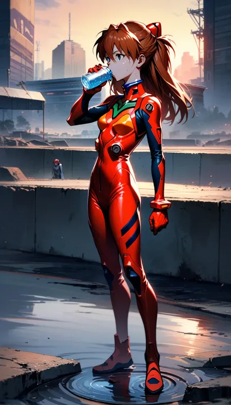 ((full body)),"One girl, Soryu Asuka Langley, Neon Genesis EVANGELION, Mid-chest,Athletic build, Track and field uniforms, Red Hair Clip, Sweaty skin, Drinking water, Snake mouth for outdoor use, Futuristic School Setting, Distant Eva Unit, Tired look, pea...