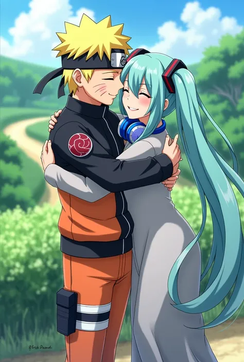 Naruto Uzumaki with Miku Nakano from the redhead quintuplets long hair with a long lock in the bangs with blue headphones on the neck hug in anime style 

