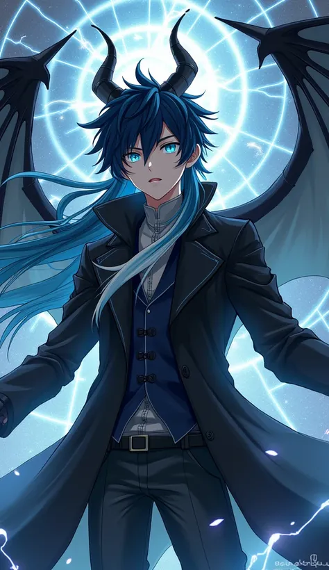 1 male, anime art style, young man, Long hair, dark blue and white hair, wearing a black Coat, Dragon Horns, Black Dragon Wings, Aquamarine Eyes, with a Silver and black magic aura, and the power of space on his hand while the space behind him is cracked a...