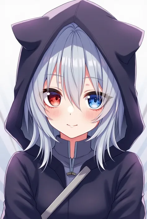 High resolution, Shortcuts, Silver Hair, Odd Eye, Simple Background,  Anime Style, blue eyes, Red eyes, Hood worn, smile, 