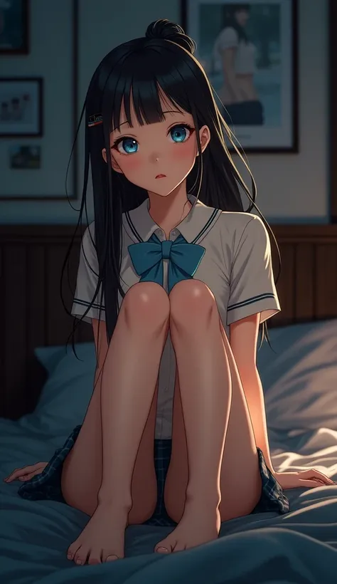 (32K:1.9, Realistic:1.9, Highest quality, masterpiece, Ultra-high resolution), Perfect dynamic composition:1.3, Highly detailed skin and facial textures:1.3, (Cute sexy slim Japanese schoolgirl, height: 155cm), ((Lying in bed:1.4, Strike a pose:1.3)), Fair...