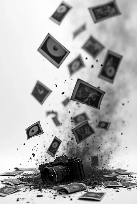 Generates an image of photographs falling to the floor while they are on fire with a camera with a broken lens lying on the floor. The falling photographs show nothing more than a very blurry background in black and white. 