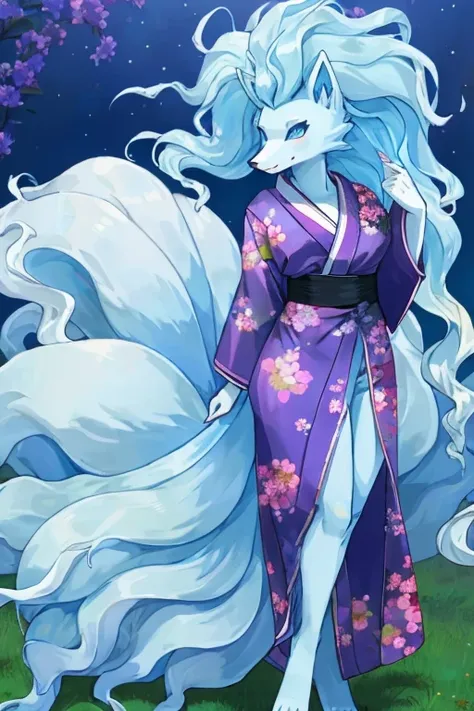 ((Alolan Ninetales)), anthropomorphic, big , big ass, Pokemorfo, (((1 girl))), (((purple kimono))), (White shirt),(blue jeans), cute and sexy, slender, light blue skin, long legs, smiling