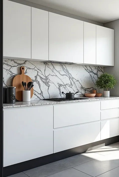 render, white kitchen with black and white terrazzo countertop , without handles and with black skirting boards and cupboards
