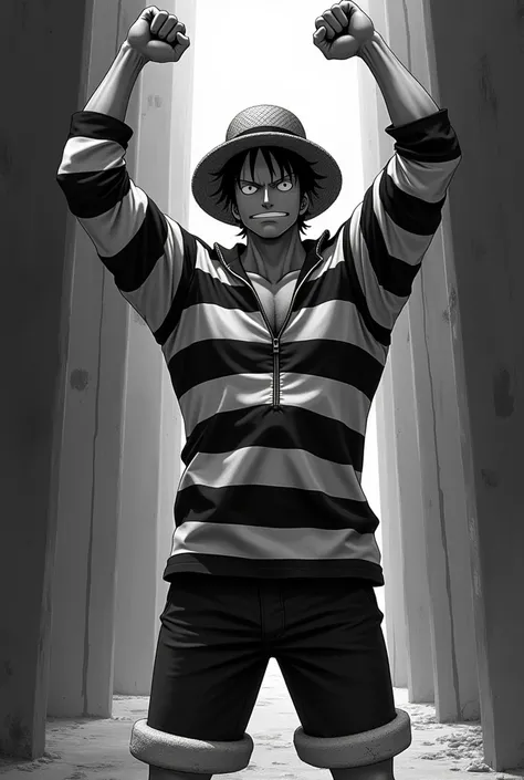 Monkey D. Luffy in a black and white striped long-sleeved prison uniform raising his two arms 