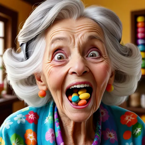 a very old lady, with a mouth full of colorful vitamins an expression of amazement and happiness with an open mouth full of the colorful vitamins, with white hair holding a small, Close up of her mouth full of colorful vitamins, in the background the livin...