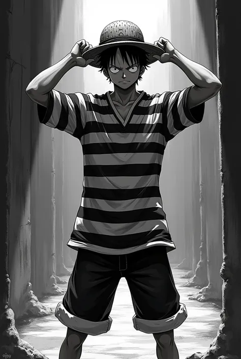 Monkey D. Luffy in a black and white striped long-sleeved prison uniform raising his two arms 