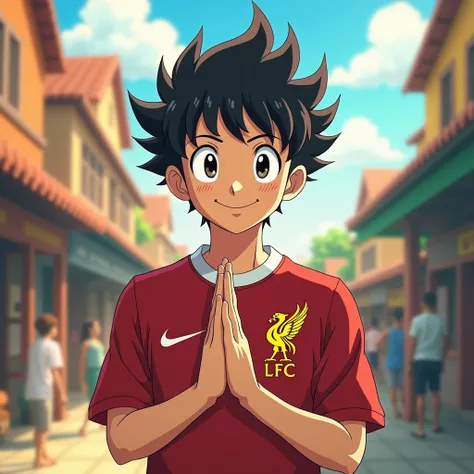 Handsome young man smiling in Toriyama Akira style, bowing like a Thai person and wearing a Liverpool shirt, standing in a cartoon style. High-quality dynamic photos, detailed and colorful. Realistic and colorful poses.