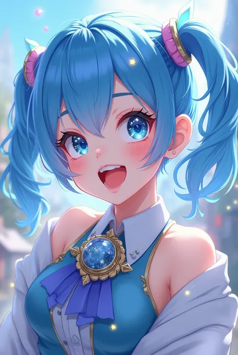 Energetic, blue hair, Japanese anime, young, cheeky, cute, female, gameplay, pure white skin, sparkling, transparent