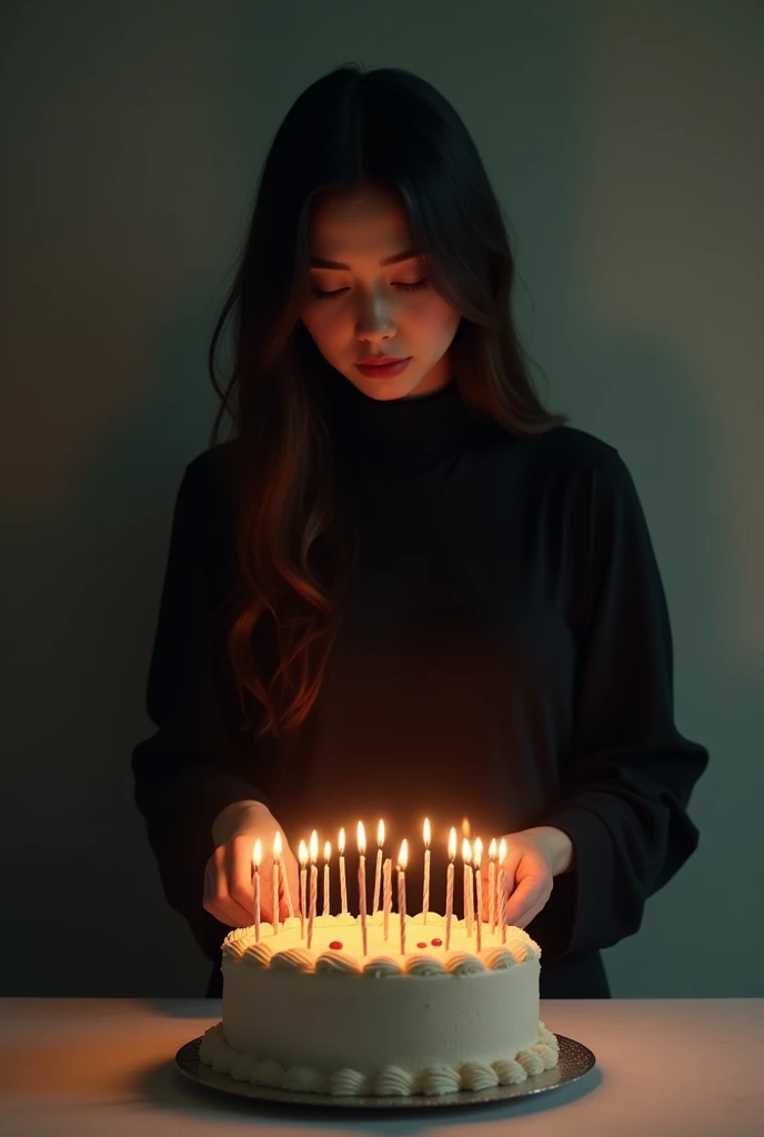 The beautiful young women cut shes birthday chocolate cake alone ( use knife ) on the cake 20 latter number candle and shes face full sadness. and she waring black frock with full sleeve and covered nack dress and long hair 