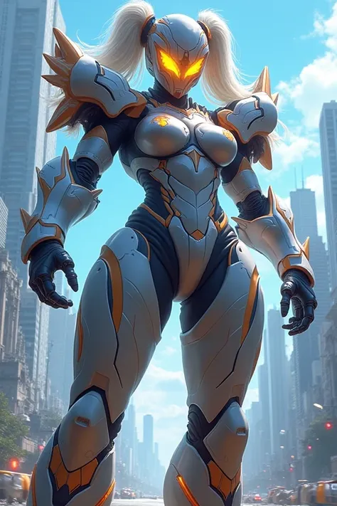 masterpiece,best quality,realistic,1girl,mature female,UltraMarie,armor,glowing,glowing_eyes,helmet,mecha,roboT,twintails,yellow_eyes,huge breasts,wide hips,fighting stance,city,((((Breast milk))))((((pubic hair))))((((milking))))((((sexly))))((((((((Super...