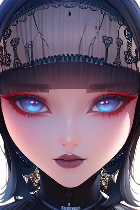 Defined face blue eyes gothic makeup eyeliner and eyeshadow, short black hair with bob style bangs voluminous red lips, close up in HD,  Intricate medieval architectural details and fantastic landscapes in high 12k resolution 