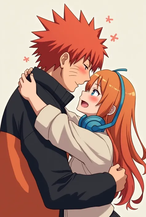 Naruto Uzumaki with Miku from the Quintuplets, copper red hair, a little orange, long hair and a long lock in the bangs with blue headphones around the neck, hug in anime style 

