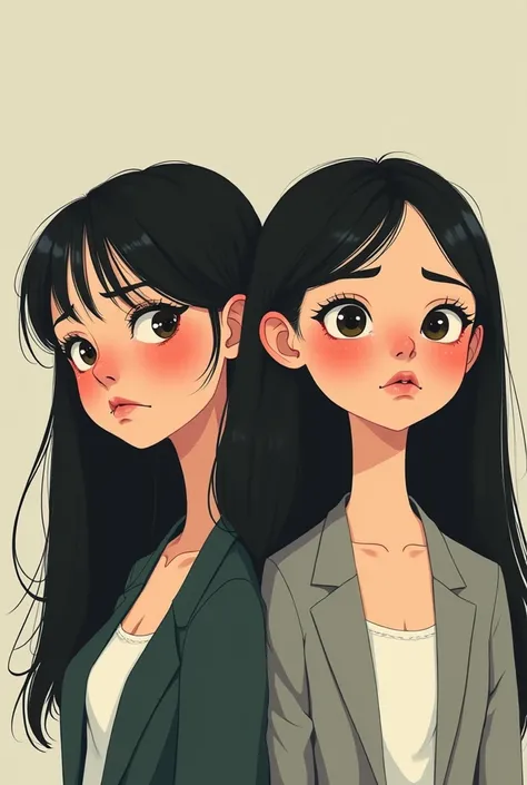 2 woman who is like a cute cartoon but at the same time looks very tired with dark circles and tiredness from work who has black hair and is thin without many curves 