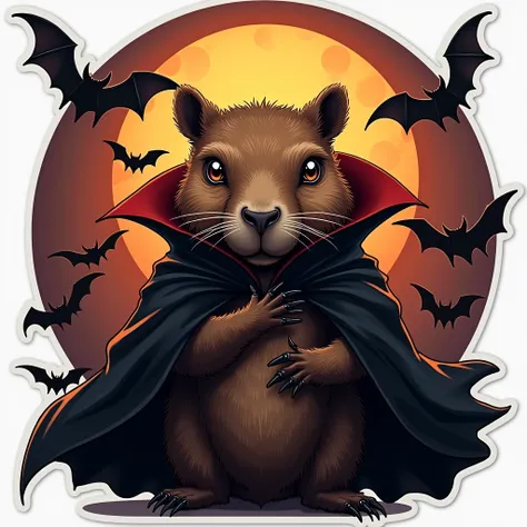 Create a captivating ((2D sticker))) featuring an anthropomorphic capybara in the style of Dracula, exuding an air of mystery and sophistication. The central focus of the image should be the capybara’s face, reminiscent of the iconic vampire with piercing ...