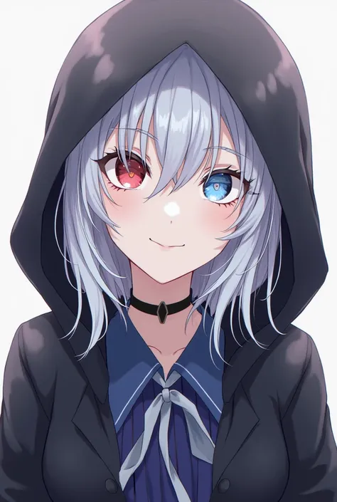 High resolution, Shortcuts, Silver Hair, Odd Eye, Simple Background,  Anime Style, blue eyes, Red eyes, Hood worn, smile, 