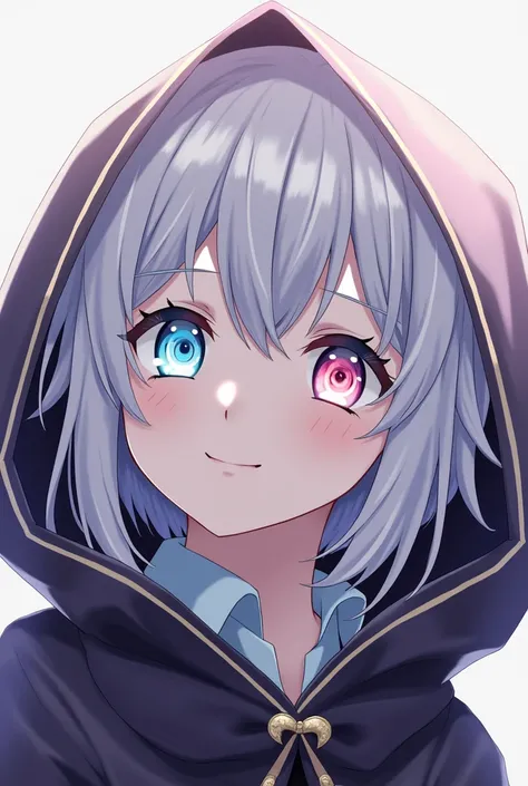 High resolution, Shortcuts, Silver Hair, Odd Eye, Simple Background,  Anime Style, blue eyes, Red eyes, Hood worn, smile, 