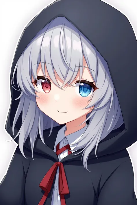 High resolution, Shortcuts, Silver Hair, Odd Eye, Simple Background,  Anime Style, blue eyes, Red eyes, Hood worn, smile, 