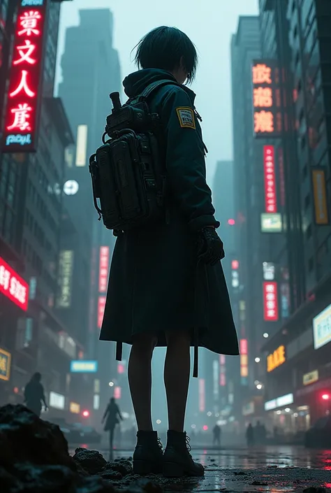 Dark cyberpunk scene with Motoko Kusanagi from Ghost in the Shell