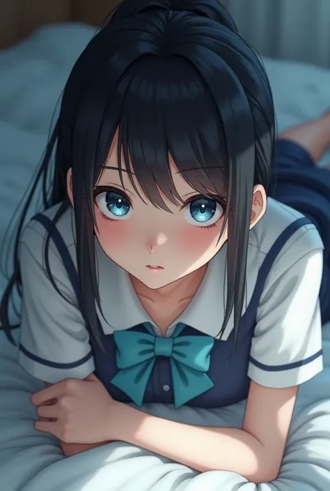 (32K:1.9, Realistic:1.9, Highest quality, masterpiece, Ultra-high resolution), Perfect dynamic composition:1.3, Highly detailed skin and facial textures:1.3, (Cute sexy slim Japanese schoolgirl, height: 155cm), ((Lying in bed:1.4, Strike a pose:1.3)), Fair...